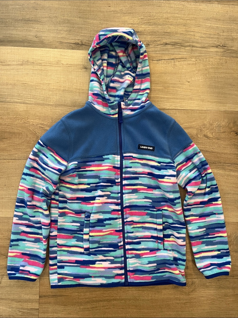 Lands' End Girls' Blue Multicolor Striped Hooded Fleece Size Large